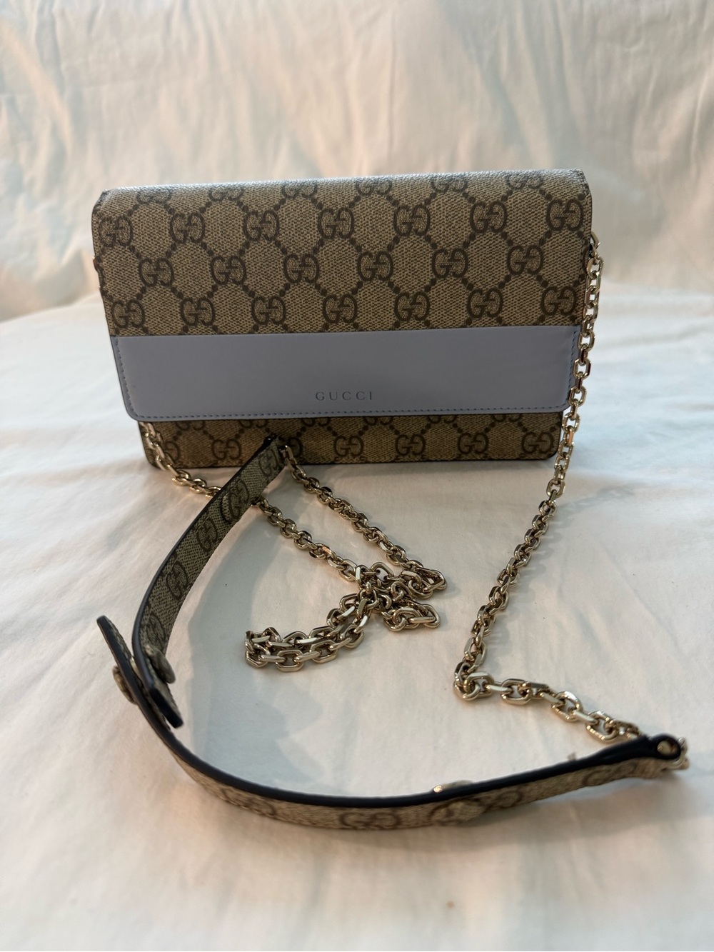 Gucci GG Supreme Crossbody with Beige Canvas and Light Blue Leather Trim